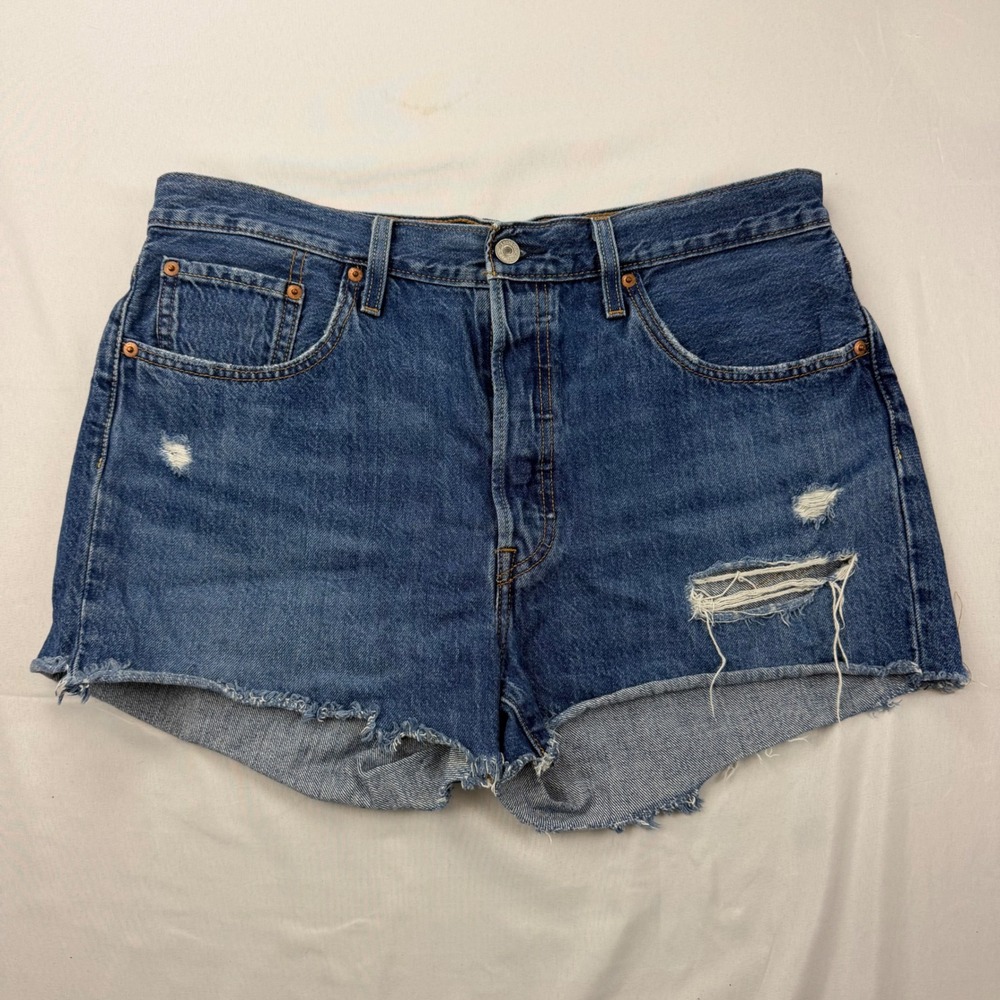 Levi's 501 Original Cut Off Shorts Women Size 33 Blue Distressed Denim High Rise
